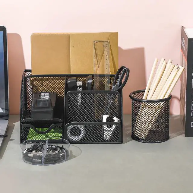 Alt view image 5 of 7 - Black Desk Organizer and Accessories, Black Desk Asccessories Office Supply Kit Include Mesh Desktop Organizer Stapler 1000 Staples Tape Dispenser Pen Holder Staple Remover Clips Ruler Scissors
