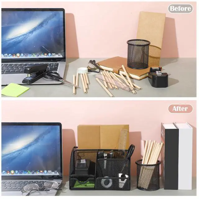 Alt view image 6 of 7 - Black Desk Organizer and Accessories, Black Desk Asccessories Office Supply Kit Include Mesh Desktop Organizer Stapler 1000 Staples Tape Dispenser Pen Holder Staple Remover Clips Ruler Scissors