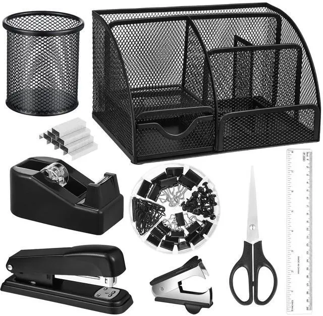 Main image of Black Desk Organizer and Accessories, Black Desk Asccessories Office Supply Kit Include Mesh Desktop Organizer Stapler 1000 Staples Tape Dispenser Pen Holder Staple Remover Clips Ruler Scissors