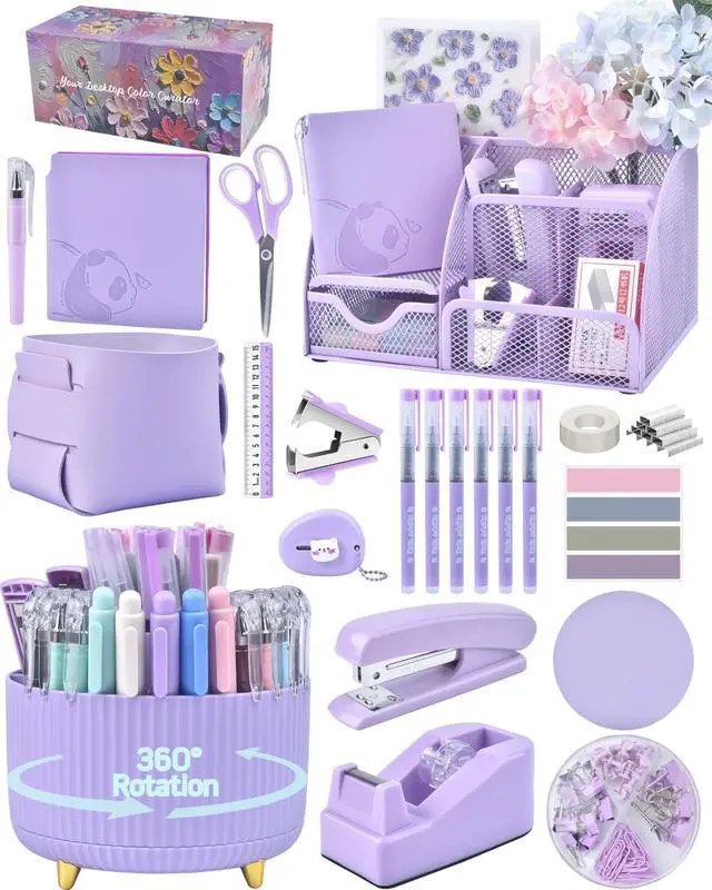 Main image of Purple Desk Accessories and Organizers with Desk Organizer and 360°Rotating Pen Holder stapler Pen and a Lot of Office Purple Office Supplies Beautifully Presented in a Gift Box