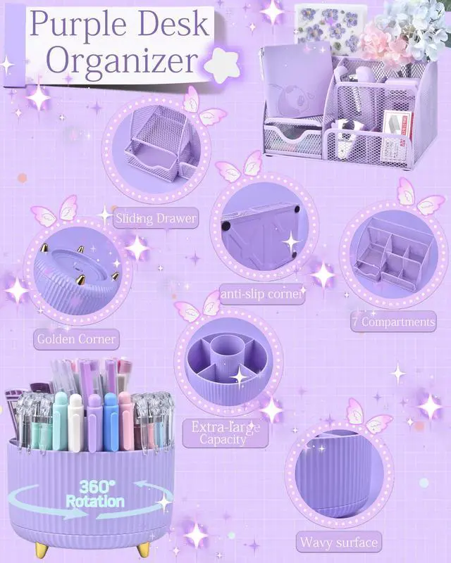 Alt view image 2 of 7 - Purple Desk Accessories and Organizers with Desk Organizer and 360°Rotating Pen Holder stapler Pen and a Lot of Office Purple Office Supplies Beautifully Presented in a Gift Box