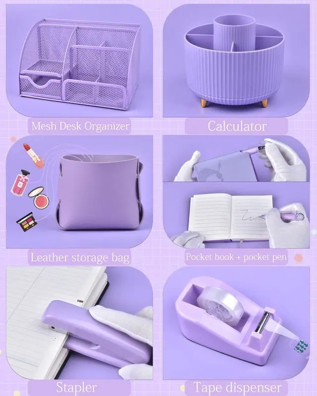 Alt view image 3 of 7 - Purple Desk Accessories and Organizers with Desk Organizer and 360°Rotating Pen Holder stapler Pen and a Lot of Office Purple Office Supplies Beautifully Presented in a Gift Box