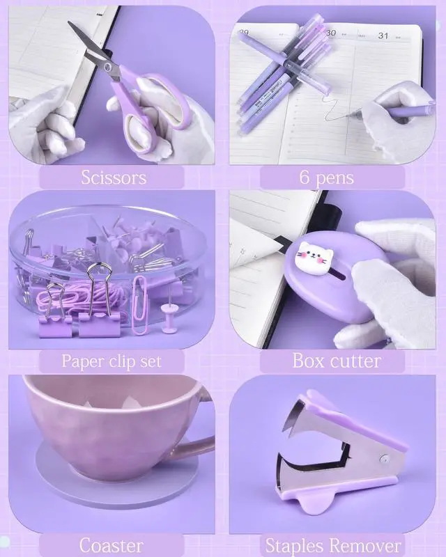 Alt view image 4 of 7 - Purple Desk Accessories and Organizers with Desk Organizer and 360°Rotating Pen Holder stapler Pen and a Lot of Office Purple Office Supplies Beautifully Presented in a Gift Box
