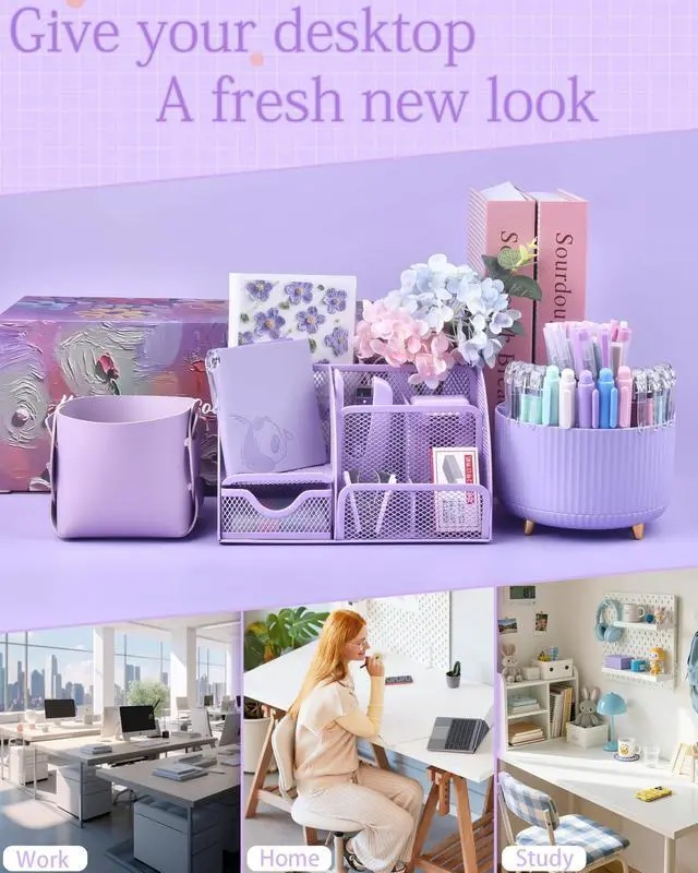 Alt view image 7 of 7 - Purple Desk Accessories and Organizers with Desk Organizer and 360°Rotating Pen Holder stapler Pen and a Lot of Office Purple Office Supplies Beautifully Presented in a Gift Box
