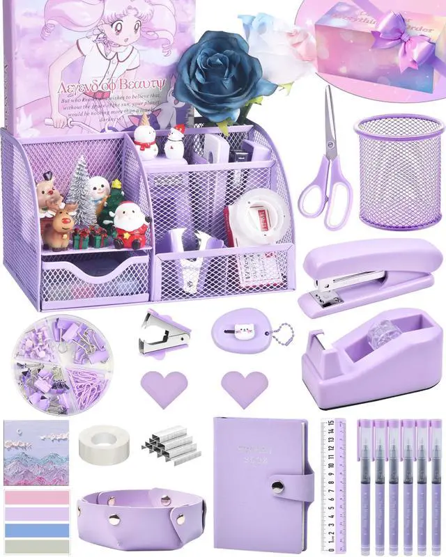 Main image of Purple Desk Accessories, 26Pcs Office Supplies and Desk Organizers, with Tape Dispenser, Stapler, Staple Remover Ect, Gift Box Packaging