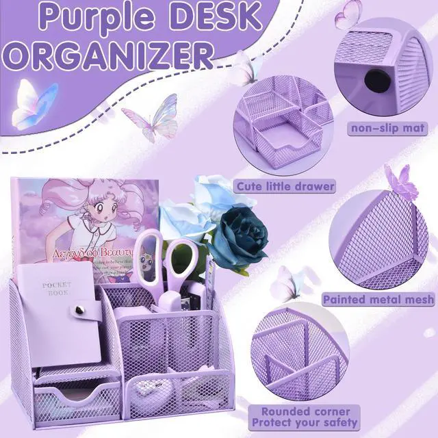 Alt view image 2 of 7 - Purple Desk Accessories, 26Pcs Office Supplies and Desk Organizers, with Tape Dispenser, Stapler, Staple Remover Ect, Gift Box Packaging
