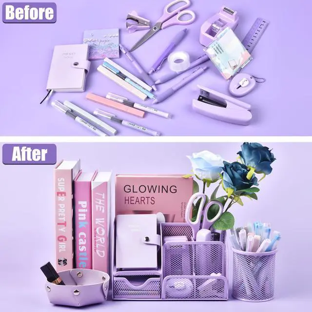Alt view image 3 of 7 - Purple Desk Accessories, 26Pcs Office Supplies and Desk Organizers, with Tape Dispenser, Stapler, Staple Remover Ect, Gift Box Packaging