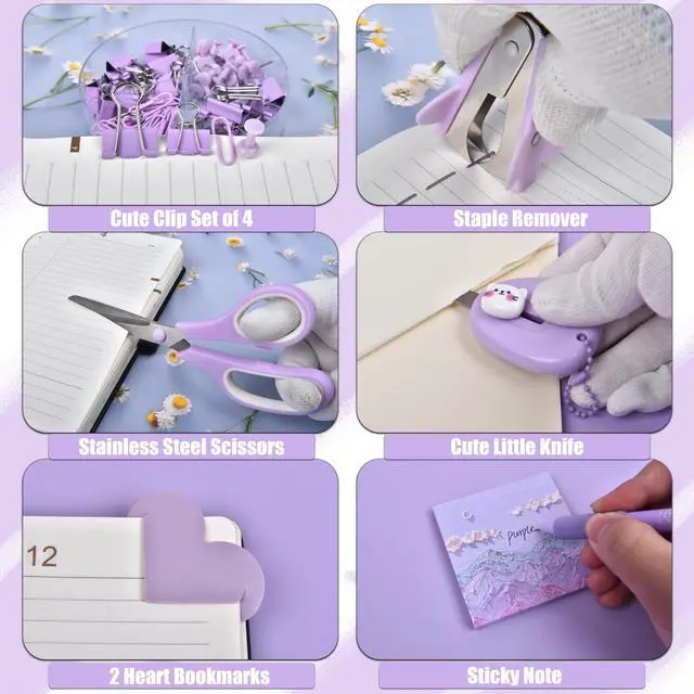 Alt view image 5 of 7 - Purple Desk Accessories, 26Pcs Office Supplies and Desk Organizers, with Tape Dispenser, Stapler, Staple Remover Ect, Gift Box Packaging