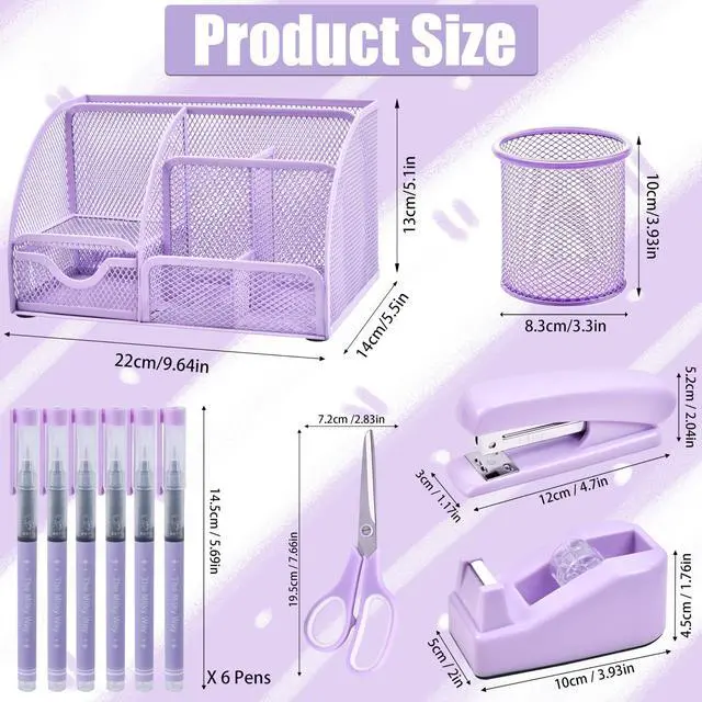 Alt view image 6 of 7 - Purple Desk Accessories, 26Pcs Office Supplies and Desk Organizers, with Tape Dispenser, Stapler, Staple Remover Ect, Gift Box Packaging