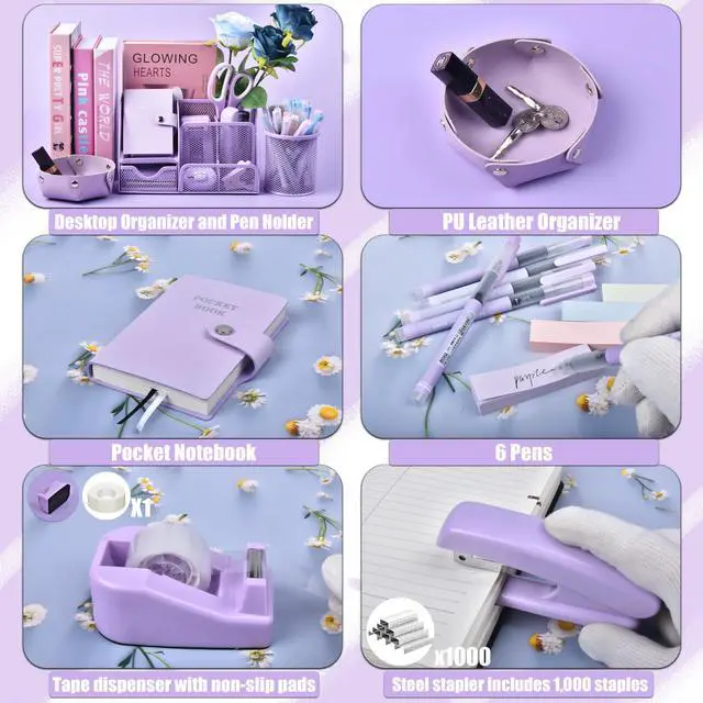 Alt view image 4 of 7 - Purple Desk Accessories, 26Pcs Office Supplies and Desk Organizers, with Tape Dispenser, Stapler, Staple Remover Ect, Gift Box Packaging