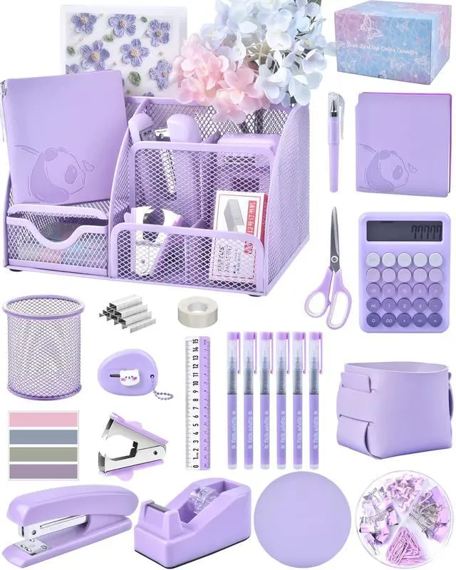 Main image of 23pc Purple Desk Accessories and Organizers with Mesh Organizer Stapler Tape Dispenser Calculator and a Lot of Office Purple Office Supplies Beautifully Presented in a Gift Box