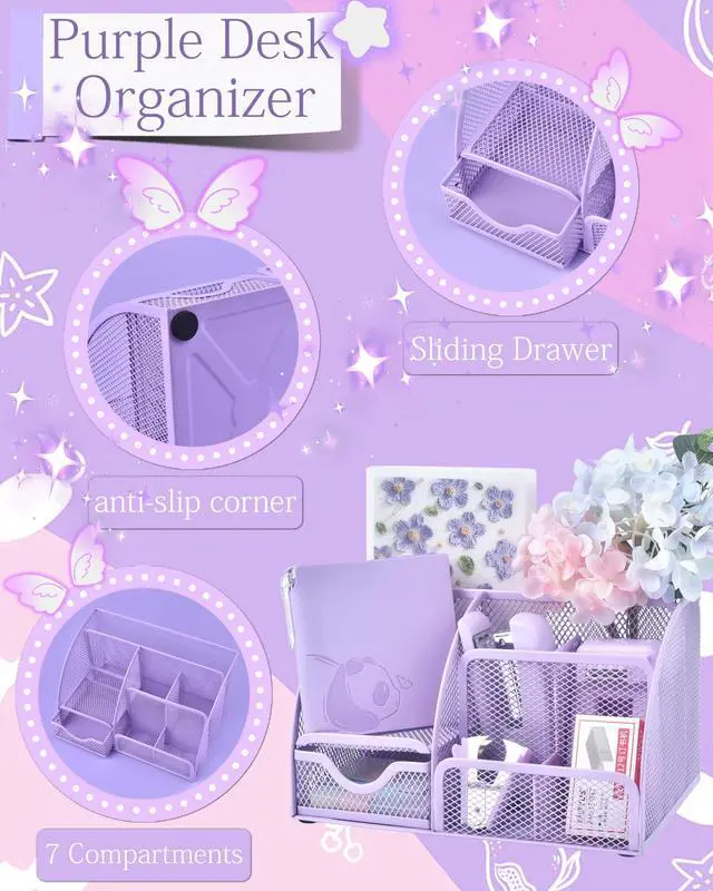 Alt view image 2 of 7 - 23pc Purple Desk Accessories and Organizers with Mesh Organizer Stapler Tape Dispenser Calculator and a Lot of Office Purple Office Supplies Beautifully Presented in a Gift Box