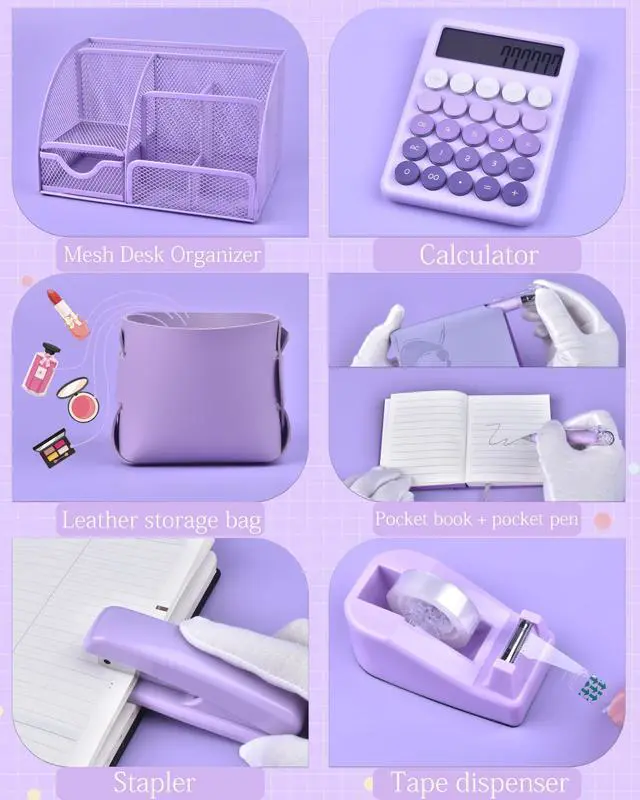 Alt view image 3 of 7 - 23pc Purple Desk Accessories and Organizers with Mesh Organizer Stapler Tape Dispenser Calculator and a Lot of Office Purple Office Supplies Beautifully Presented in a Gift Box