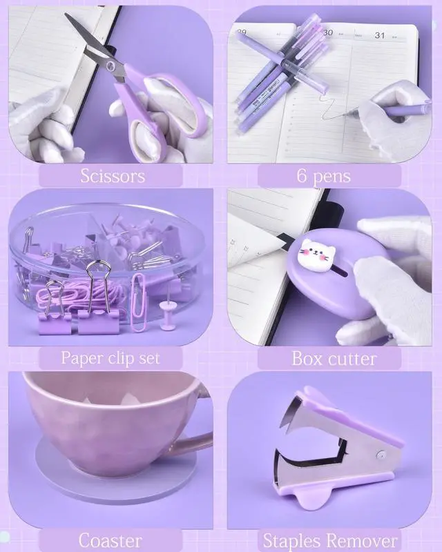 Alt view image 4 of 7 - 23pc Purple Desk Accessories and Organizers with Mesh Organizer Stapler Tape Dispenser Calculator and a Lot of Office Purple Office Supplies Beautifully Presented in a Gift Box