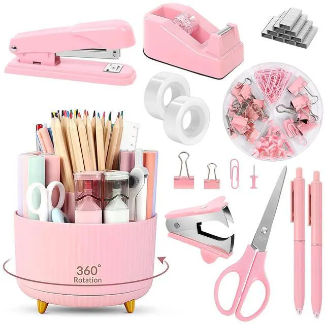 Main image of Pink Desk Accessories 10Pcs, Rotating Pen Holder for Desk, Stapler, Staple Remover, Tape Dispenser,2pcs Tape Refills, Binder Paper Clips Kit, Scissor,Pink Office School Supplies