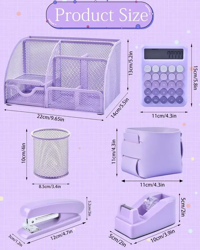 Alt view image 5 of 7 - 23pc Purple Desk Accessories and Organizers with Mesh Organizer Stapler Tape Dispenser Calculator and a Lot of Office Purple Office Supplies Beautifully Presented in a Gift Box