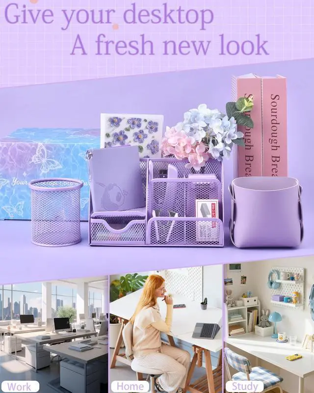 Alt view image 7 of 7 - 23pc Purple Desk Accessories and Organizers with Mesh Organizer Stapler Tape Dispenser Calculator and a Lot of Office Purple Office Supplies Beautifully Presented in a Gift Box