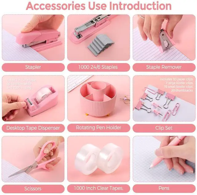 Alt view image 3 of 7 - Pink Desk Accessories 10Pcs, Rotating Pen Holder for Desk, Stapler, Staple Remover, Tape Dispenser,2pcs Tape Refills, Binder Paper Clips Kit, Scissor,Pink Office School Supplies