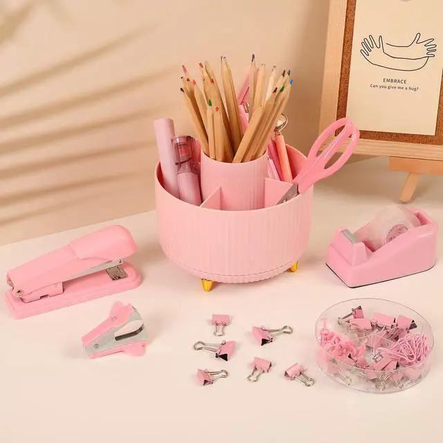 Alt view image 2 of 7 - Pink Desk Accessories 10Pcs, Rotating Pen Holder for Desk, Stapler, Staple Remover, Tape Dispenser,2pcs Tape Refills, Binder Paper Clips Kit, Scissor,Pink Office School Supplies