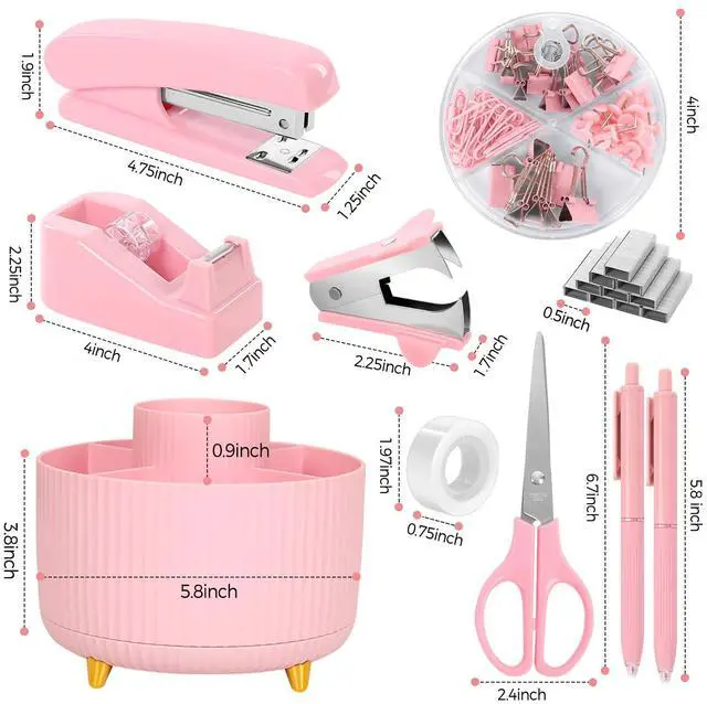 Alt view image 6 of 7 - Pink Desk Accessories 10Pcs, Rotating Pen Holder for Desk, Stapler, Staple Remover, Tape Dispenser,2pcs Tape Refills, Binder Paper Clips Kit, Scissor,Pink Office School Supplies