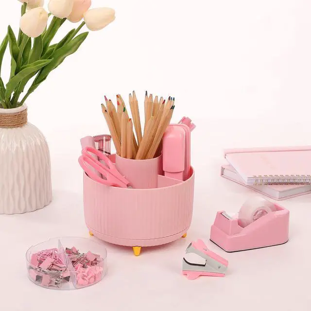 Alt view image 7 of 7 - Pink Desk Accessories 10Pcs, Rotating Pen Holder for Desk, Stapler, Staple Remover, Tape Dispenser,2pcs Tape Refills, Binder Paper Clips Kit, Scissor,Pink Office School Supplies