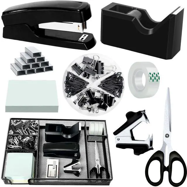 Main image of Black Office Desk Accessories, Black Office Supplies Set, Desk Drawer Organizer,Stapler and Tape Dispenser Set,Tape,Staple Remover, Staples, Paper Clips, Scissor and Sticky Note