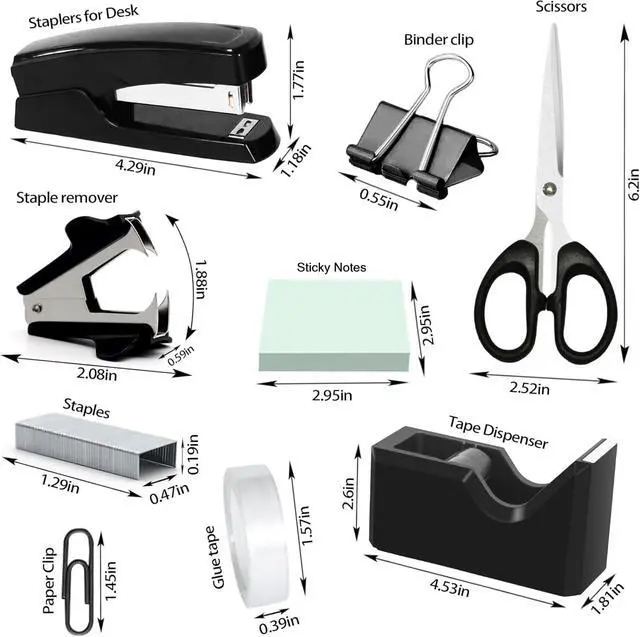 Alt view image 2 of 6 - Black Office Desk Accessories, Black Office Supplies Set, Desk Drawer Organizer,Stapler and Tape Dispenser Set,Tape,Staple Remover, Staples, Paper Clips, Scissor and Sticky Note