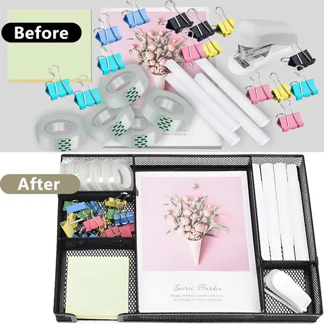 Alt view image 4 of 6 - Black Office Desk Accessories, Black Office Supplies Set, Desk Drawer Organizer,Stapler and Tape Dispenser Set,Tape,Staple Remover, Staples, Paper Clips, Scissor and Sticky Note