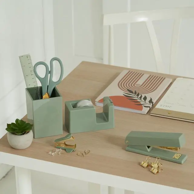 Alt view image 2 of 7 - Aesthetic Desk Accessories Set - A Complete Desktop Organizer Set For Women Enhances Any Office Decor - An Office Supplies Kit w Gold Finish incl. Pen Holder, Scissors, Stapler, Tape Dispenser & More