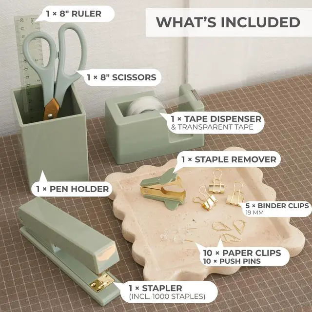 Alt view image 4 of 7 - Aesthetic Desk Accessories Set - A Complete Desktop Organizer Set For Women Enhances Any Office Decor - An Office Supplies Kit w Gold Finish incl. Pen Holder, Scissors, Stapler, Tape Dispenser & More