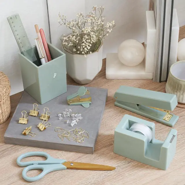 Alt view image 6 of 7 - Aesthetic Desk Accessories Set - A Complete Desktop Organizer Set For Women Enhances Any Office Decor - An Office Supplies Kit w Gold Finish incl. Pen Holder, Scissors, Stapler, Tape Dispenser & More