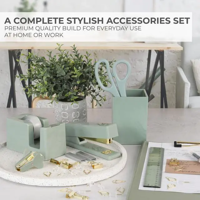 Alt view image 3 of 7 - Aesthetic Desk Accessories Set - A Complete Desktop Organizer Set For Women Enhances Any Office Decor - An Office Supplies Kit w Gold Finish incl. Pen Holder, Scissors, Stapler, Tape Dispenser & More