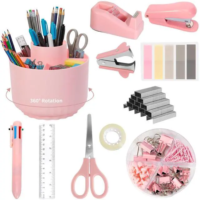 Main image of Pink Desk Accessories, 11Pcs Desk Organizer with 360°Rotating Pen Holder, Stapler, Staples, Staple Remover, Pen, Ruler, Tape Dispenser, Tape, Clips, Scissor, Notes, Office Supplies