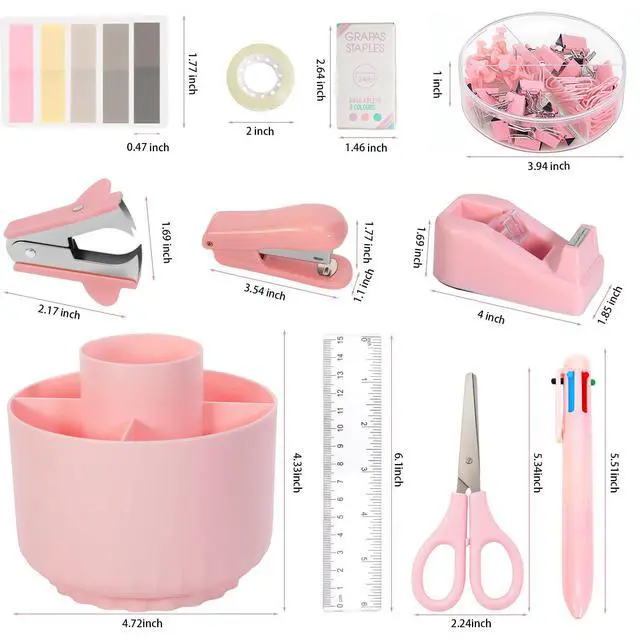 Alt view image 2 of 7 - Pink Desk Accessories, 11Pcs Desk Organizer with 360°Rotating Pen Holder, Stapler, Staples, Staple Remover, Pen, Ruler, Tape Dispenser, Tape, Clips, Scissor, Notes, Office Supplies
