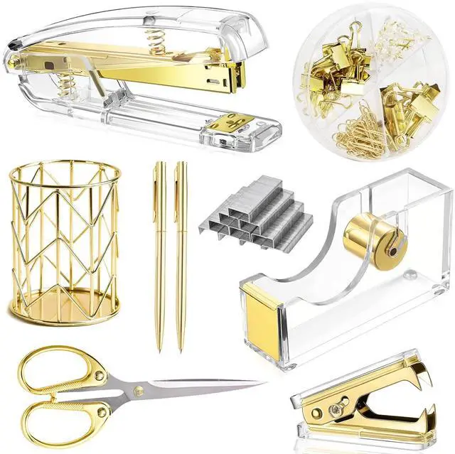 Main image of Gold Desk AccessoriesOffice Supplies Set Acrylic Stapler Set Staple Remover, Tape/Pen Holder, 2 Ballpoint Pen, Scissor, Binder/Paper Clips and 1000pcs Staples.