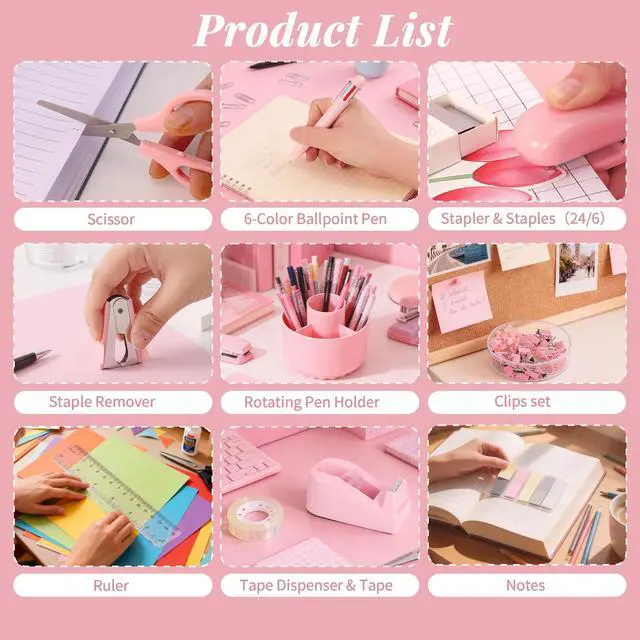 Alt view image 3 of 7 - Pink Desk Accessories, 11Pcs Desk Organizer with 360°Rotating Pen Holder, Stapler, Staples, Staple Remover, Pen, Ruler, Tape Dispenser, Tape, Clips, Scissor, Notes, Office Supplies