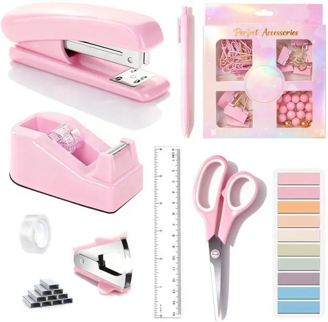Main image of Pink Desk Accessories, Pink Office Supplies Accessories with Tape Dispenser, Stapler, Staple Remover, 1000 Staples, Tape, Clips Set, Ruler, Scissor, Pen