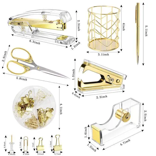 Alt view image 2 of 7 - Gold Desk AccessoriesOffice Supplies Set Acrylic Stapler Set Staple Remover, Tape/Pen Holder, 2 Ballpoint Pen, Scissor, Binder/Paper Clips and 1000pcs Staples.