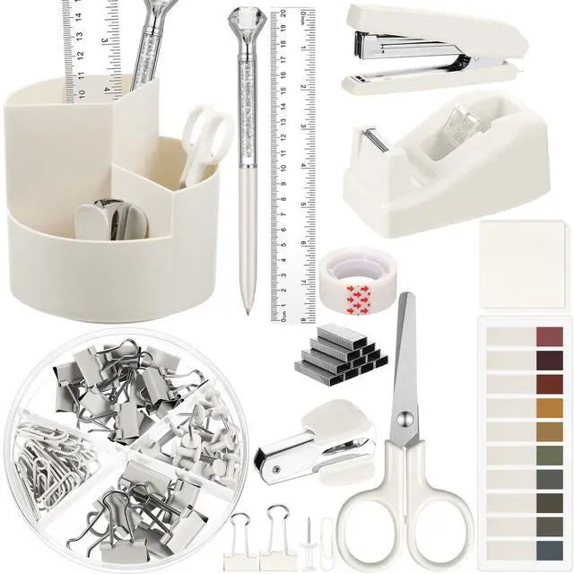 Main image of Beige Office Desk Accessories 12 Pcs Office Supplies Set 360° Rotating Pen Holder, Stapler, Tape Dispenser, Scissor, Sticky Notes, Binder Clips, Desk Organizers Gift for School