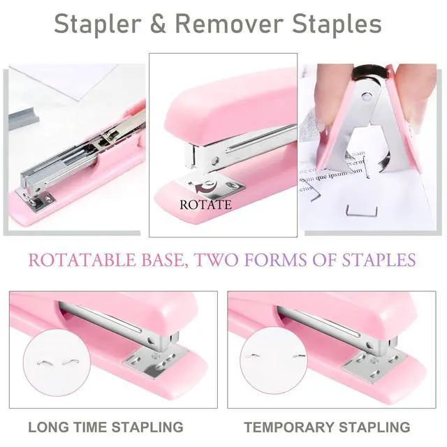 Alt view image 2 of 6 - Pink Desk Accessories, Pink Office Supplies Accessories with Tape Dispenser, Stapler, Staple Remover, 1000 Staples, Tape, Clips Set, Ruler, Scissor, Pen