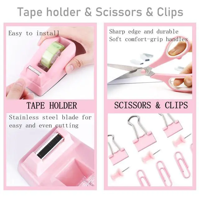 Alt view image 3 of 6 - Pink Desk Accessories, Pink Office Supplies Accessories with Tape Dispenser, Stapler, Staple Remover, 1000 Staples, Tape, Clips Set, Ruler, Scissor, Pen
