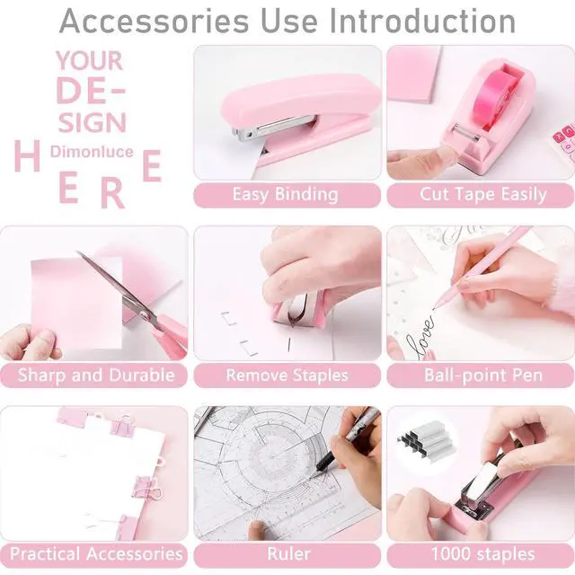 Alt view image 4 of 6 - Pink Desk Accessories, Pink Office Supplies Accessories with Tape Dispenser, Stapler, Staple Remover, 1000 Staples, Tape, Clips Set, Ruler, Scissor, Pen
