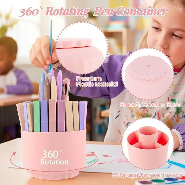 Alt view image 4 of 7 - Pink Desk Accessories, 11Pcs Desk Organizer with 360°Rotating Pen Holder, Stapler, Staples, Staple Remover, Pen, Ruler, Tape Dispenser, Tape, Clips, Scissor, Notes, Office Supplies