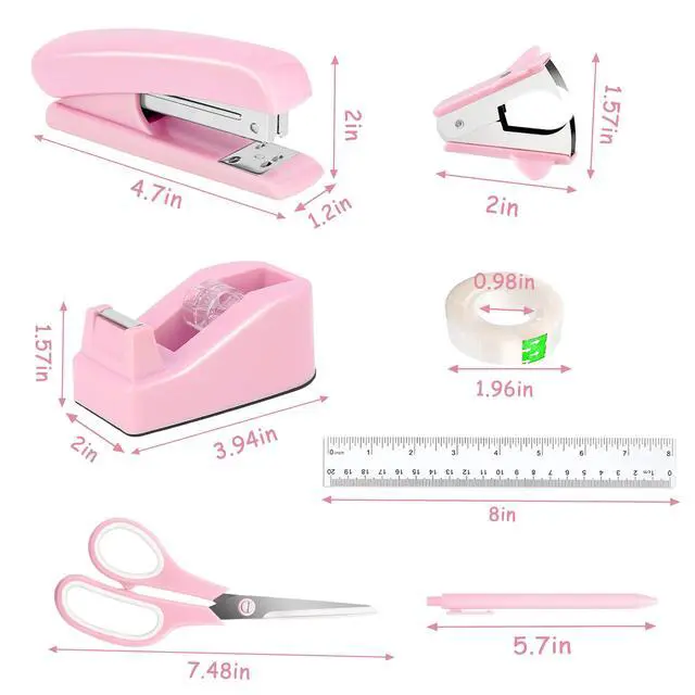 Alt view image 6 of 6 - Pink Desk Accessories, Pink Office Supplies Accessories with Tape Dispenser, Stapler, Staple Remover, 1000 Staples, Tape, Clips Set, Ruler, Scissor, Pen