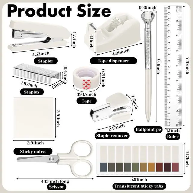 Alt view image 5 of 7 - Beige Office Desk Accessories 12 Pcs Office Supplies Set 360° Rotating Pen Holder, Stapler, Tape Dispenser, Scissor, Sticky Notes, Binder Clips, Desk Organizers Gift for School