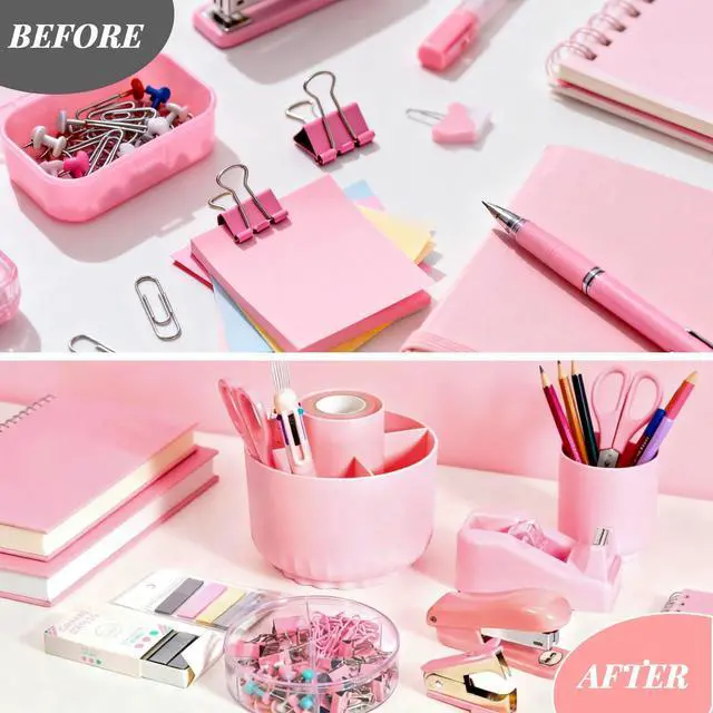 Alt view image 6 of 7 - Pink Desk Accessories, 11Pcs Desk Organizer with 360°Rotating Pen Holder, Stapler, Staples, Staple Remover, Pen, Ruler, Tape Dispenser, Tape, Clips, Scissor, Notes, Office Supplies