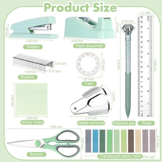 Alt view image 3 of 7 - 12 Pcs Sage Green Office Supplies Desk Accessories Set Pen Holder Tape Dispenser Stapler Staple Remover Staples Tape Ruler Scissor Pen Sticky Note Index Tab Clips Set for Office School Home