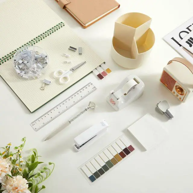 Alt view image 3 of 7 - Beige Office Desk Accessories 12 Pcs Office Supplies Set 360° Rotating Pen Holder, Stapler, Tape Dispenser, Scissor, Sticky Notes, Binder Clips, Desk Organizers Gift for School