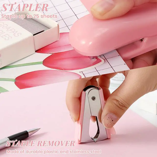 Alt view image 5 of 7 - Pink Desk Accessories, 11Pcs Desk Organizer with 360°Rotating Pen Holder, Stapler, Staples, Staple Remover, Pen, Ruler, Tape Dispenser, Tape, Clips, Scissor, Notes, Office Supplies