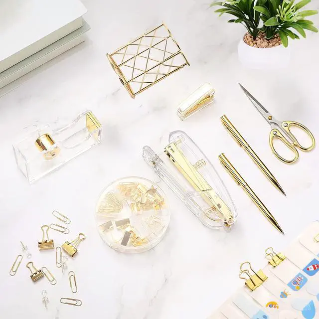 Alt view image 7 of 7 - Gold Desk AccessoriesOffice Supplies Set Acrylic Stapler Set Staple Remover, Tape/Pen Holder, 2 Ballpoint Pen, Scissor, Binder/Paper Clips and 1000pcs Staples.